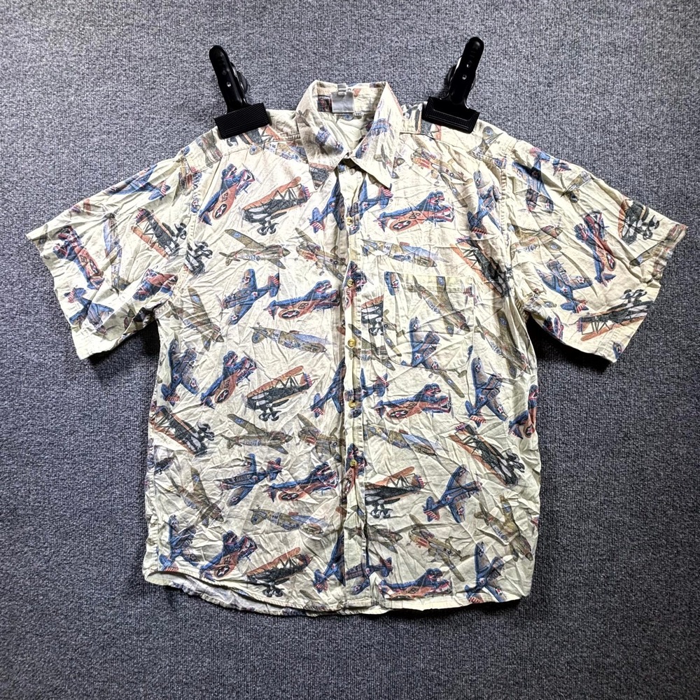 VTG Smithsonian Institution Sudha Shirt Mens Large Beige Airplane All Over Print